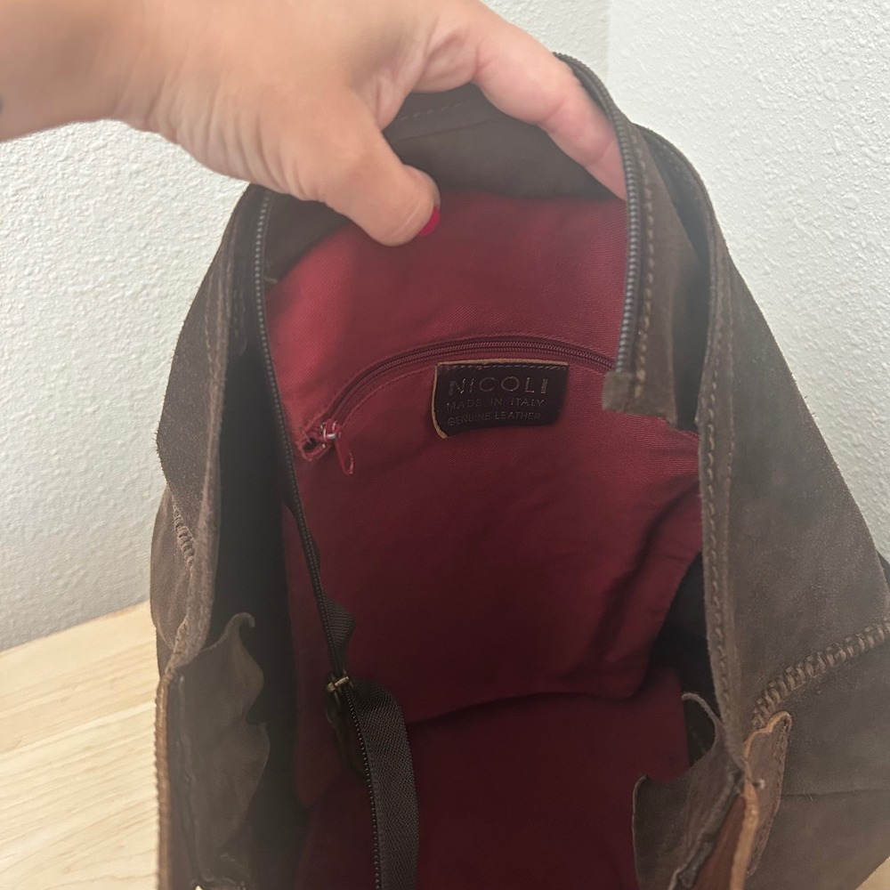 Nicoli Brown Italian Suede slouchy Shoulder Bag Whipstitch + inside pocket - Picture 5 of 12
